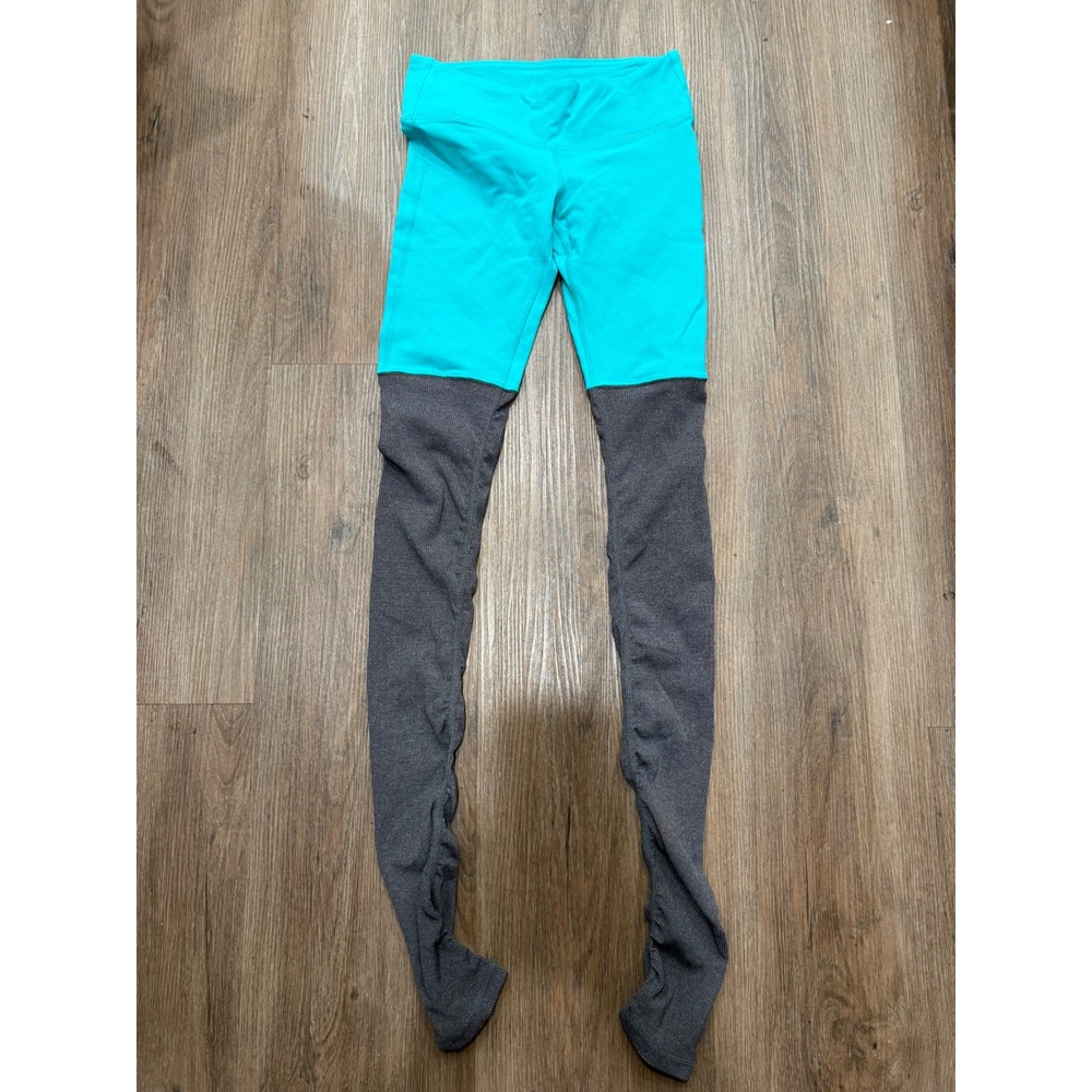Alo Yoga Goddess Leggings Teal Charcoal Grey Ribbed Colorblock High Waist Pants‎